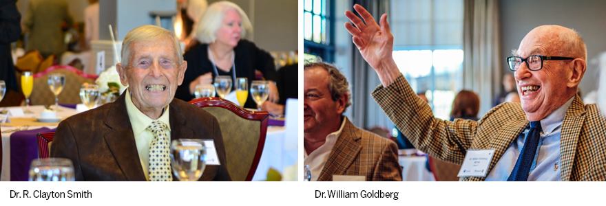 Photo of Dr. Ralph Smith sitting at the table and a photo of Dr. William Goldberg raising his arms in the air