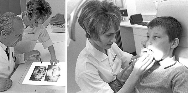 Dr. Marilyn MacLaughlin the first female graduate of the Faculty of Dentistry, formed in 1968. looking into a patient's mouth