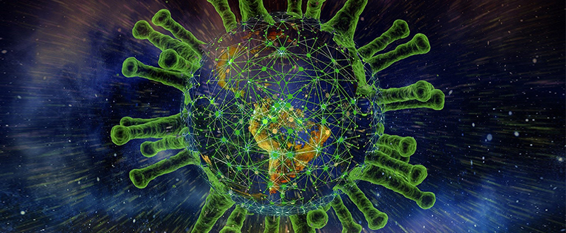 Illustration of the globe within representation of COVID-19 virus