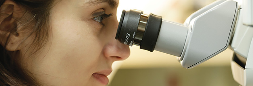 Female student looking through a microscope.