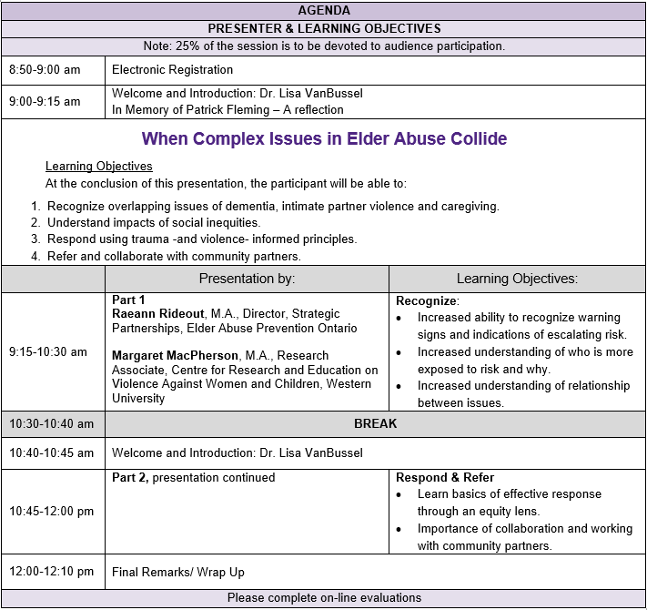 AGENDA PRESENTER & LEARNING OBJECTIVES Note: 25% of the session is to be devoted to audience participation. 8:50-9:00 am Electronic Registration  9:00-9:15 am Welcome and Introduction: Dr. Lisa VanBussel  In Memory of Patrick Fleming – A reflection  When Complex Issues in Elder Abuse Collide  Learning Objectives At the conclusion of this presentation, the participant will be able to:  1. Recognize overlapping issues of dementia, intimate partner violence and caregiving. 2. Understand impacts of social inequities.  3. Respond using trauma -and violence- informed principles. 4. Refer and collaborate with community partners.  Presentation by: Learning Objectives: 9:15-10:30 am Part 1 Raeann Rideout, M.A., Director, Strategic Partnerships, Elder Abuse Prevention Ontario  Margaret MacPherson, M.A., Research Associate, Centre for Research and Education on Violence Against Women and Children, Western University Recognize:  • Increased ability to recognize warning signs and indications of escalating risk. • Increased understanding of who is more exposed to risk and why. • Increased understanding of relationship between issues. 10:30-10:40 am BREAK 10:40-10:45 am Welcome and Introduction: Dr. Lisa VanBussel 10:45-12:00 pm Part 2, presentation continued    Respond & Refer  • Learn basics of effective response through an equity lens. • Importance of collaboration and working with community partners. 12:00-12:10 pm Final Remarks/ Wrap Up Please complete on-line evaluations  The CPD Psychiatry Academic, Clinical and Educational Round Series (PACERS) are a self approved group learning Activity (Section 1) as defined by the Maintenance of Certification program of The Royal College of Physicians and Surgeons of Canada. (3 Credits) EACH PARTICIPANT SHOULD CLAIM ONLY THOSE HOURS OF CREDIT THAT HE/SHE ACTUALLY SPENT PARTICIPATING IN THE EDUCATIONAL PROGRAM.  This program has no commercial support.
