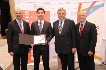 left to right, Dr. Reza Moridi, Minister of Research and Innovation, Jack Lee, Fellowship recipient, Dr. Tom Corr, CEO, Ontario Centres of Excellence, and Dr. Donald T. Stuss, President, Ontario Brain Institute.