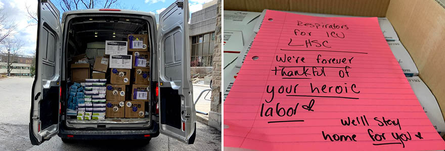 Photograph of boxes of PPE in the back of the van and a photograph of a message of support