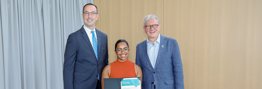 Ontario’s Minister of Colleges, Universities, Research Excellence and Security Nolan Quinn visited Western on June 25 to host the Minister's Awards of Excellence. (L to R) Quinn, postdoctoral scholar Olivia Ghosh-Swaby, PhD, and Western President Alan Shepard. (Christopher Kindratsky/Western Communications)