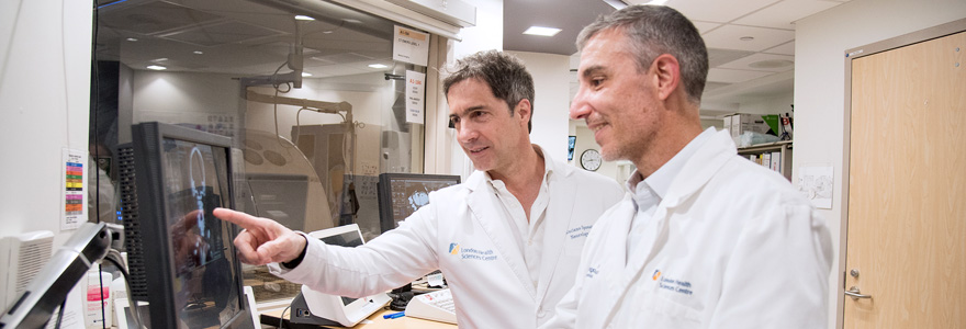 Drs. Luciano Sposato and Rodrigo Bagur (L to R) led a clinical trial to assess extended CT scans with stroke patients. (London Health Sciences Centre)