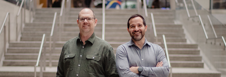 David Edgell, PhD, (left) and Brent Stead, PhD'12, (right) are advancing a gene-editing technology designed to improve precision and accuracy. (Chloë Ellingson/Schulich Medicine & Dentistry)