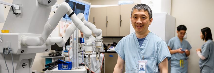 Dr. Victor Yang in his lab at London Health Sciences Centre, where he leads research into spinal implants and robotic neurosurgery. (Megan Morris/Schulich Medicine & Dentistry)
