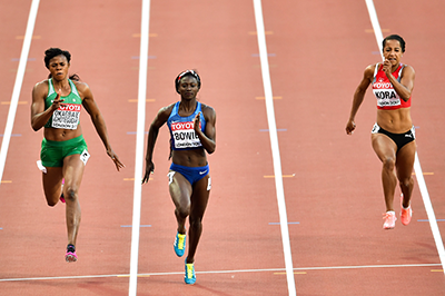 Tori Bowie competing in track and field at the 2017 World Championships