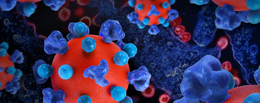 Artwork featuring colorized 3D prints of HIV virus particles.