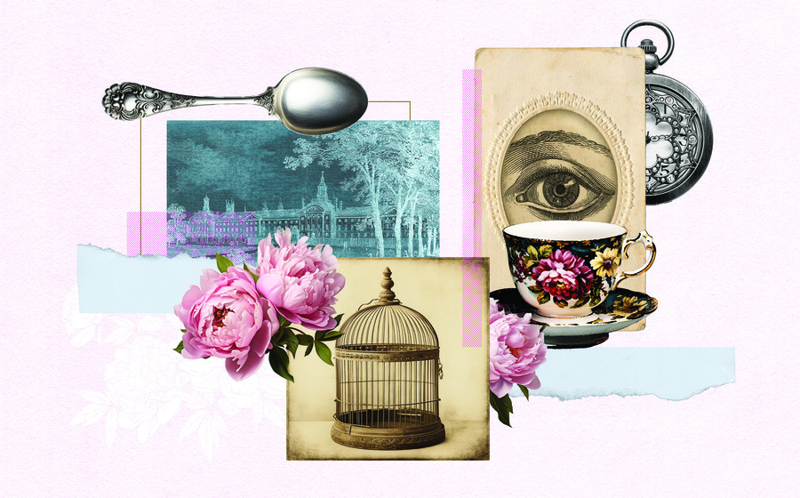 Vintage-inspired collage with a spoon over an old photo, a teacup, an eye illustration, a birdcage, and pink peonies against a textured background.