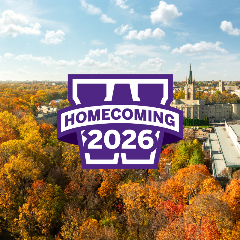 Homecoming 2026 banner over an aerial autumn view of Western University and London, Ontario.