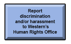 blue-coloured icon with words "report discrimination and/or harassment to Western's Human Rights Office"