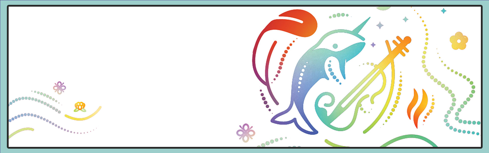 picture of a feather, guitar, flowers, and narwhale