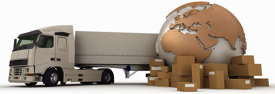 picture of a truck, boxes, and a giant globe of the world