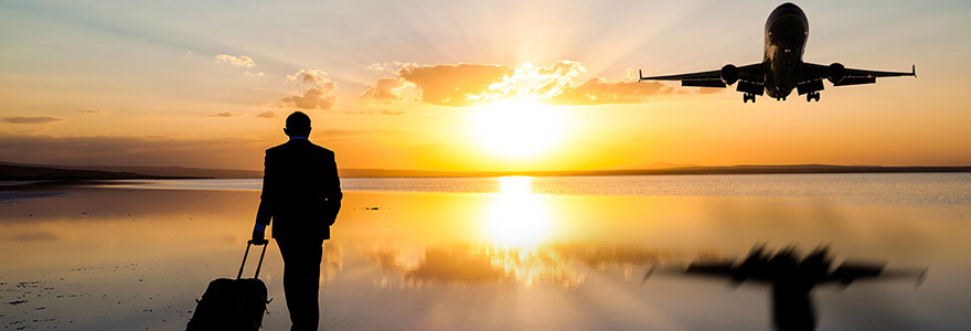 picture of a sunrise, plane, and person with luggage
