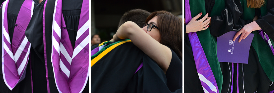 Collage of three photographs of students in their graduation robes