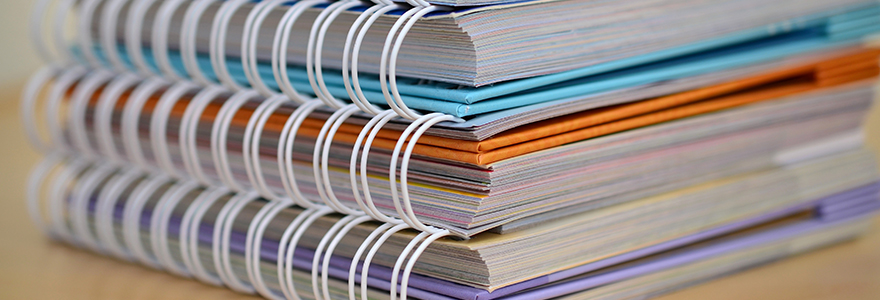 Photograph of three colourful binders
