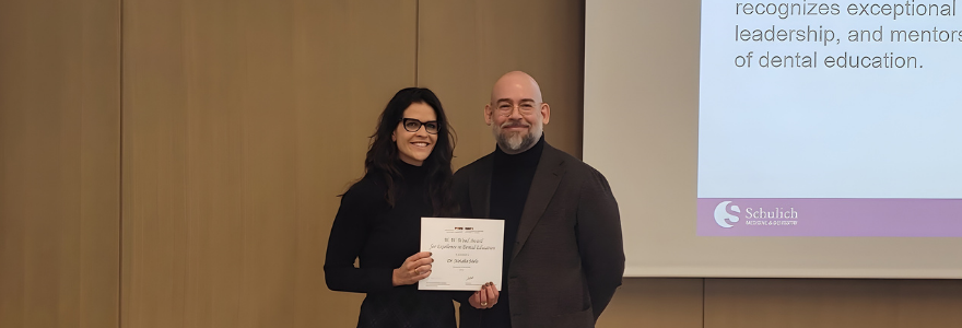 2025 W.W. Wood recipient Dr. Natalia Melo with Schulich Dentistry Vice Dean and Director Dr. Carlos Quiñonez