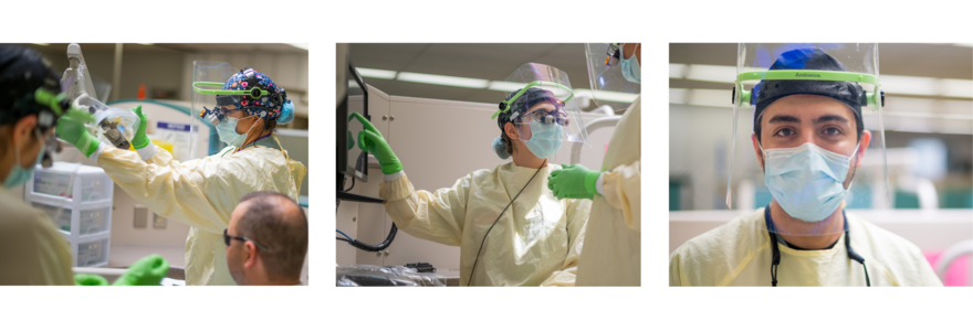 Page Banner: Dentistry students in yellow gowns, green gloves, working in clinic 