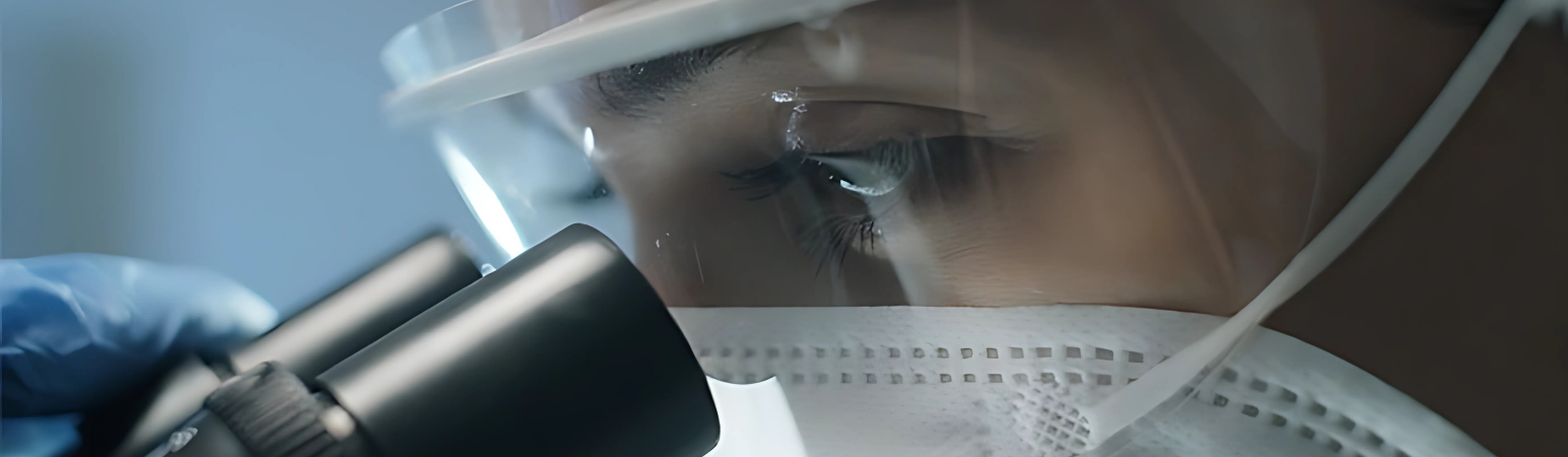 Female lab scientist in protective goggles