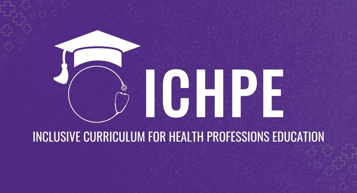 A purple banner with a white line‑art illustration of a graduation cap resting on a circular shape with a stethoscope attached. To the right, large white text reads ‘ICHPE.’