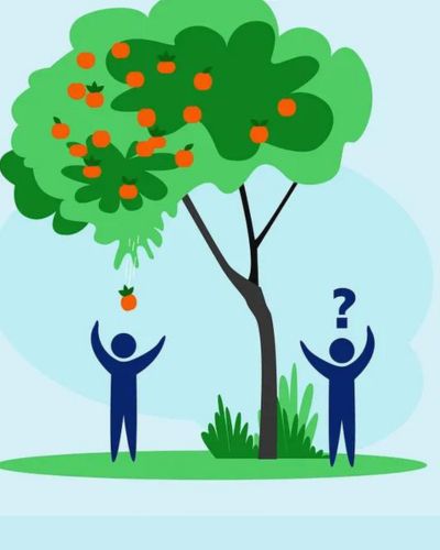 Illustrated image of two figures standing by an apple tree and the tree in leaning toward one and away from the other