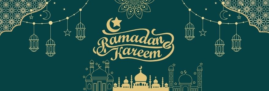 Green and gold Ramadan-themed banner featuring hanging lanterns, stars, and crescent moons, stylized gold calligraphy reads ‘Ramadan Kareem’ above line-art illustrations of mosques