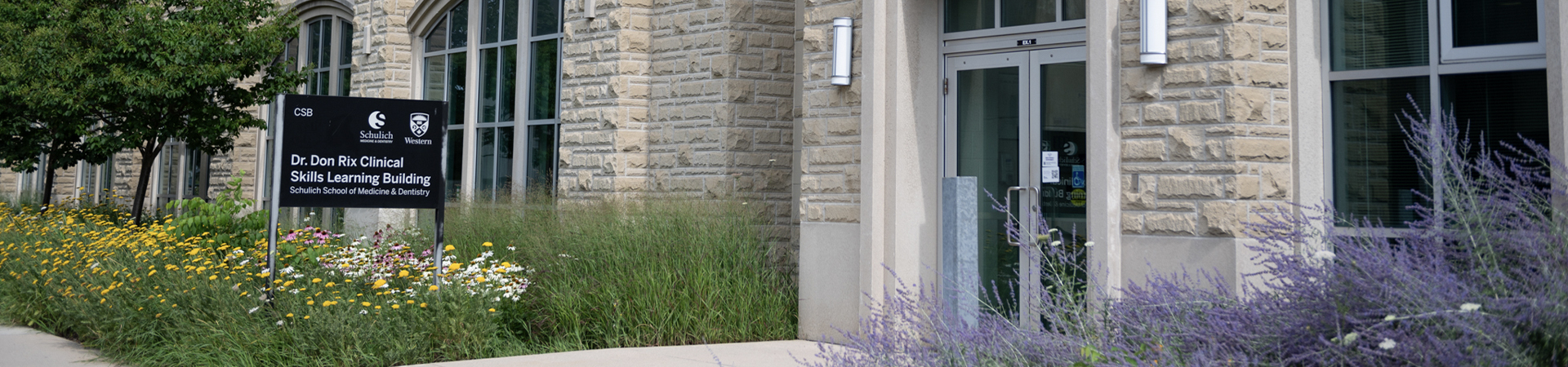 Clinical Skills Building entrance with flowers along the walkway