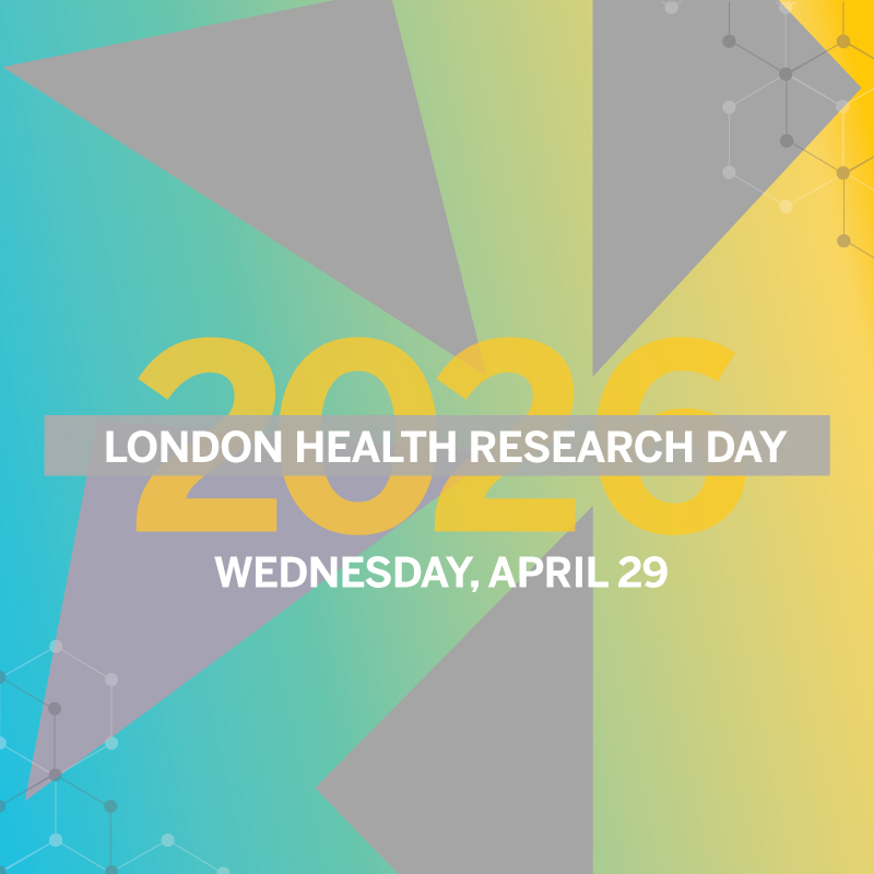 Graphic design with abstract triangular shapes and text reading “London Health Research Day” on a blue-to-yellow gradient background.