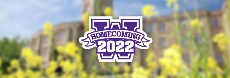 Homecoming Logo in front of flowers and Western buliding 