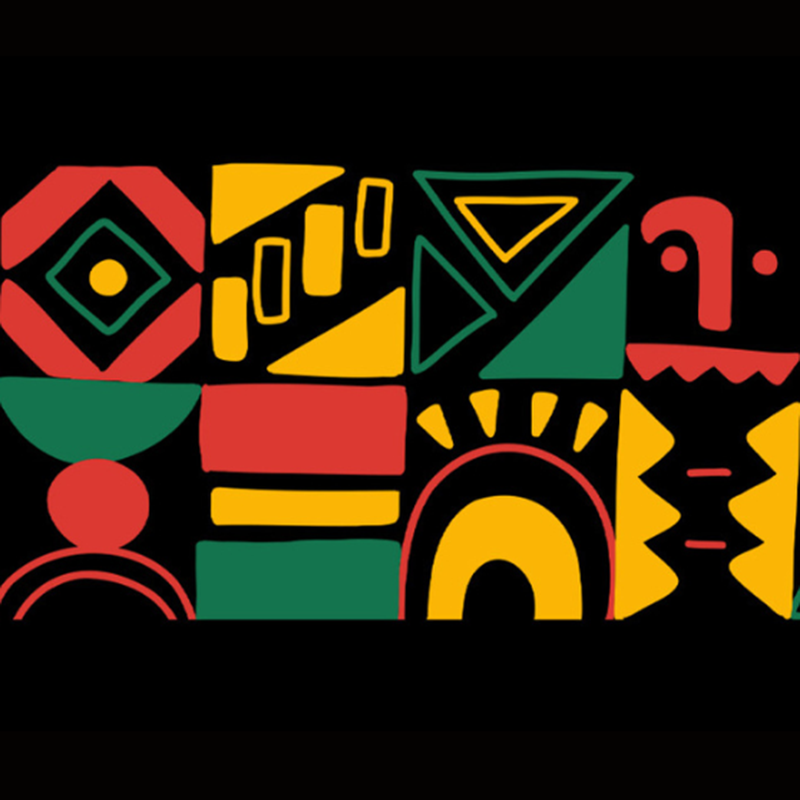 Graphic design for Black History Month featuring colorful geometric patterns in red, yellow, and green on a black background, with the text “Joy Glory Reclamation – Black History Month.”