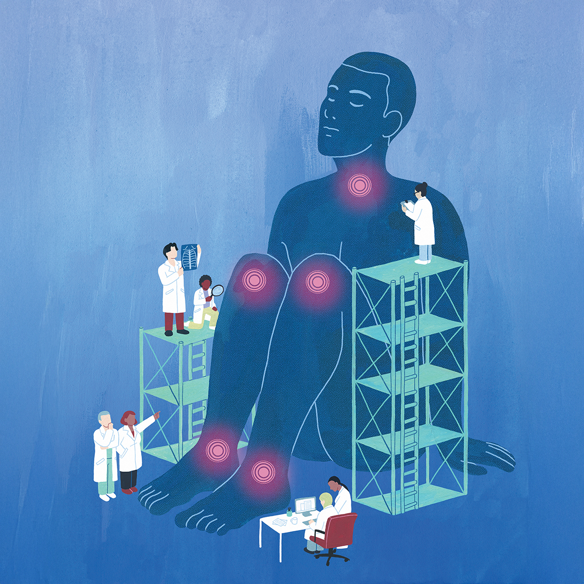 Illustration of doctors examining a large human figure with highlighted joints to represent arthritis or inflammation.