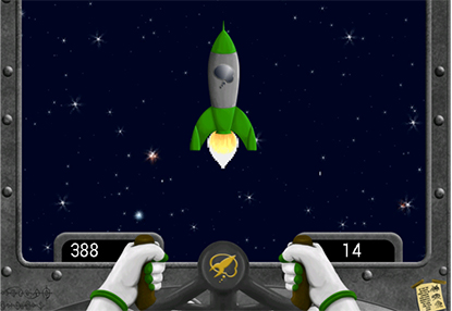 Cartoon rocket ship in space, with cartoon hands on a controller in the foreground