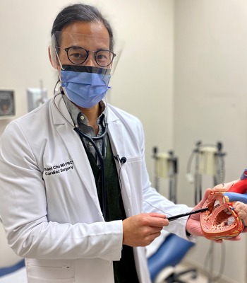 Dr. Michael Chu poses with a heart model in a clinic room
