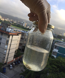 Gloved hand holds jar of wastewater with cityscape in the background