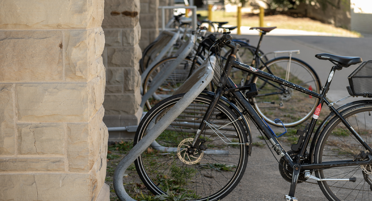 Bicycles locked to bike racks beside a campus building