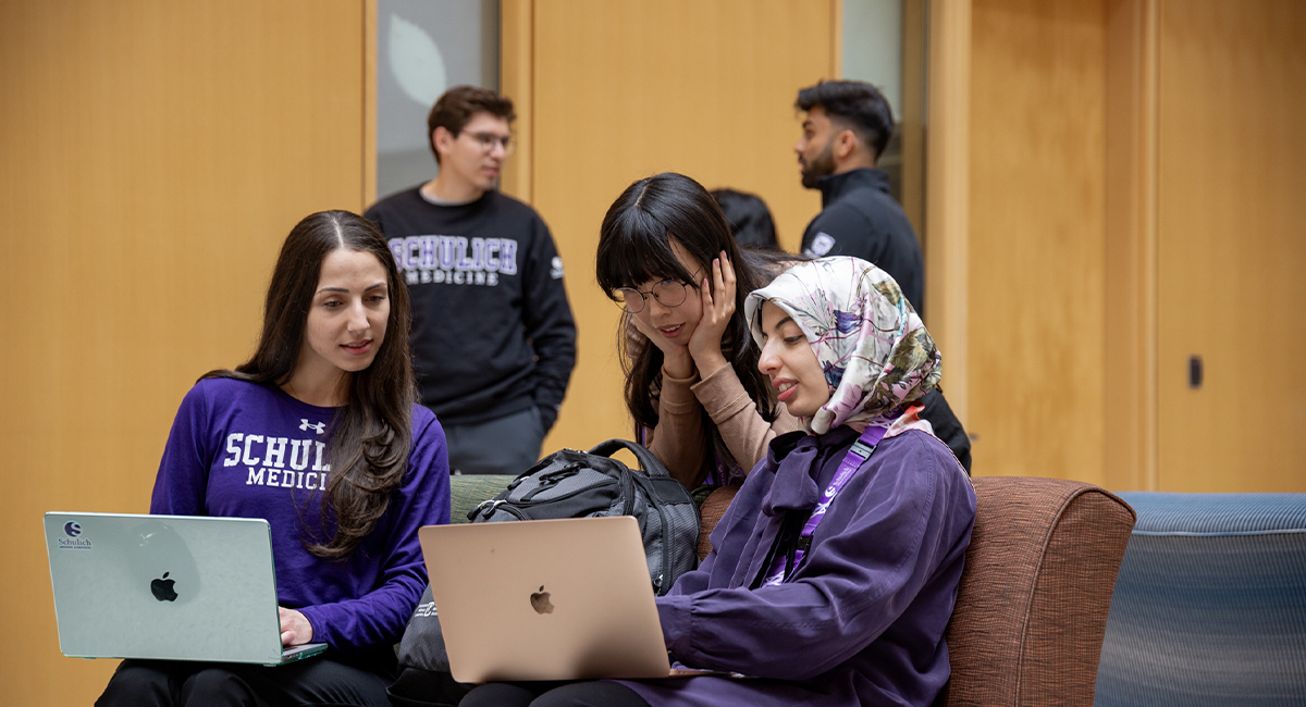 Students studying together with laptops in a lounge area