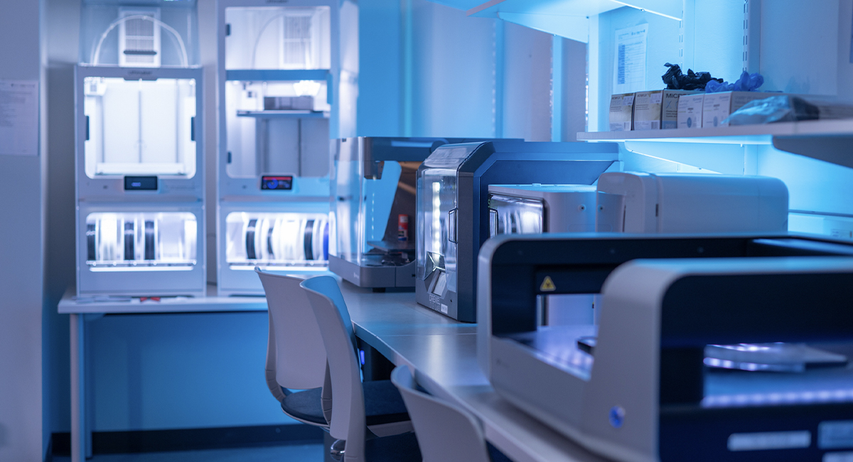 Empty research laboratory with benches and equipment