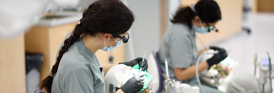 two students practicing skills in the dentistry simulation lab