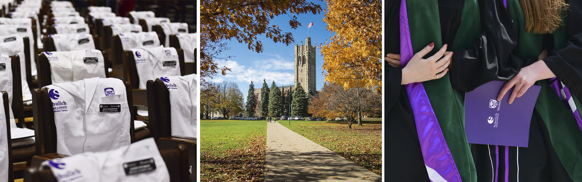 three photos depicting white coats, campus and convocation
