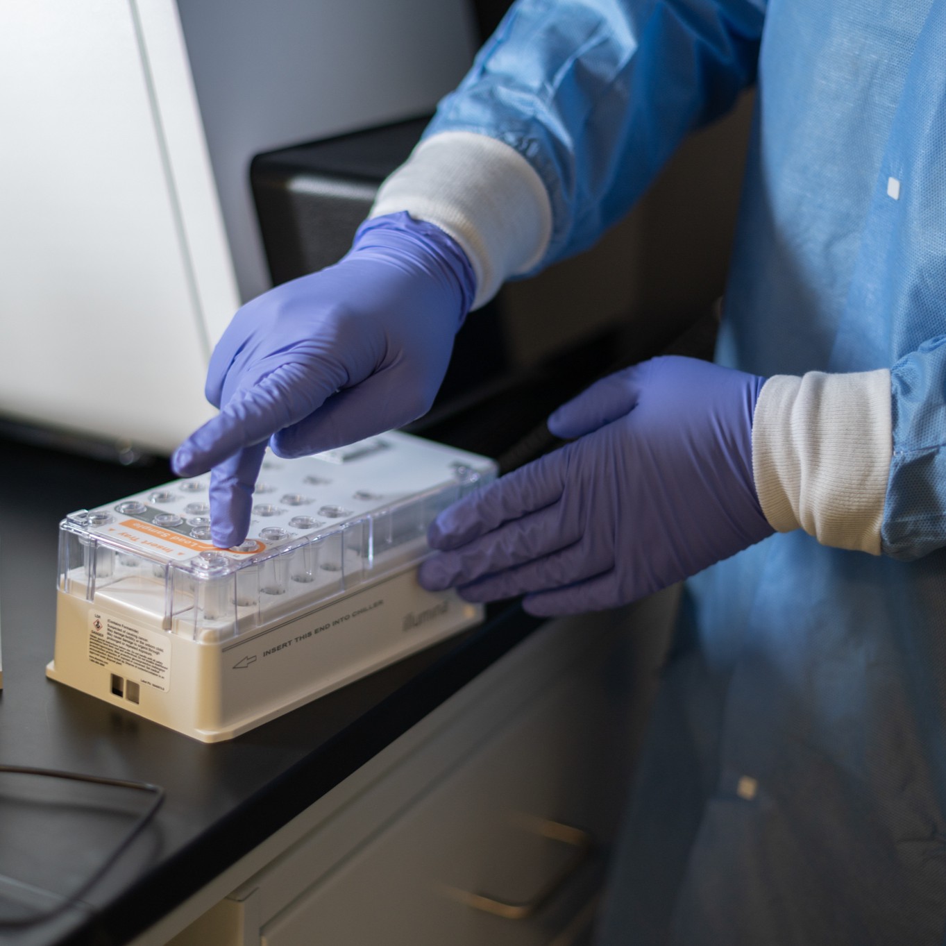 gloved hands doing lab work