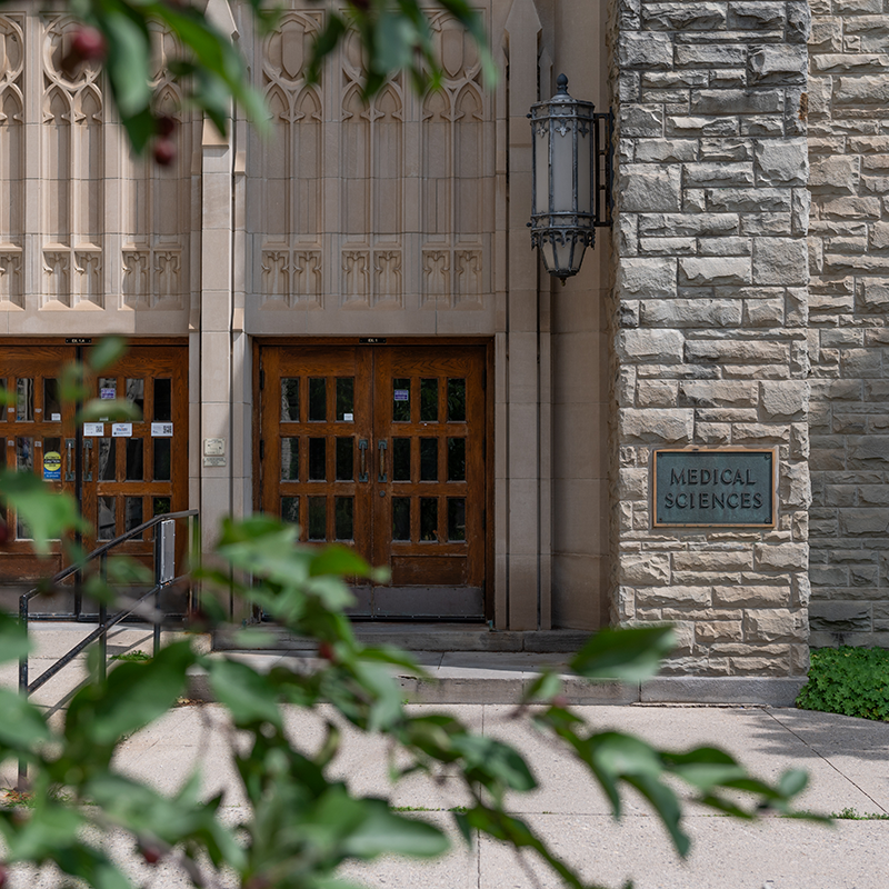 Stone entrance to a Medical Sciences building, with wooden double doors and a metal plaque reading 'MEDICAL SCIENCES