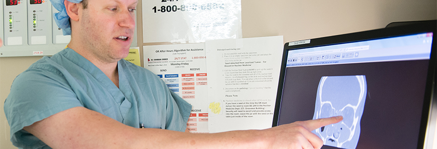 Dr. Brian Rotenberg showing a medical student an image on the computer monitor.