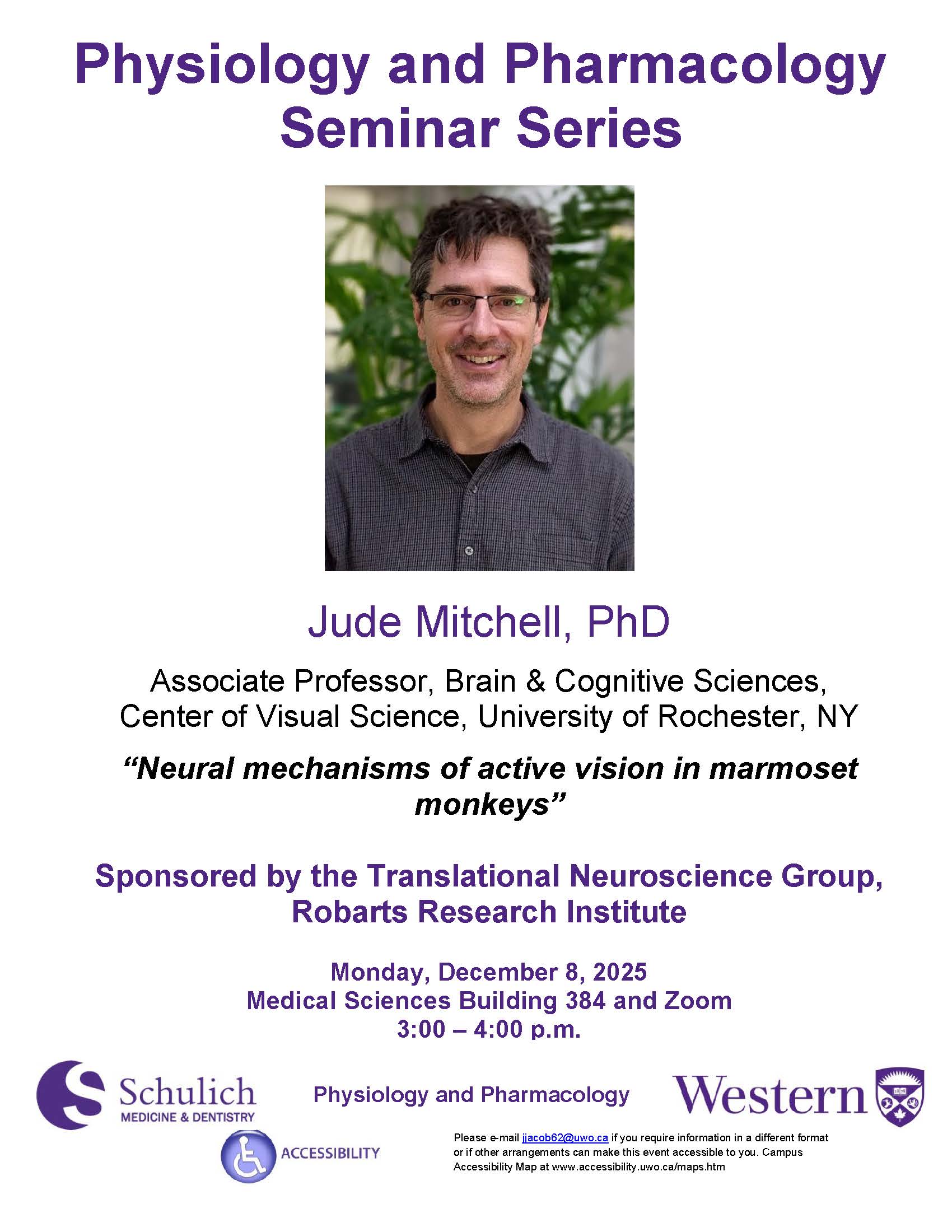 Dr. Jude Mitchell from the University of Rochester will present: "Neural mechanisms of active vision in marmoset monkeys"