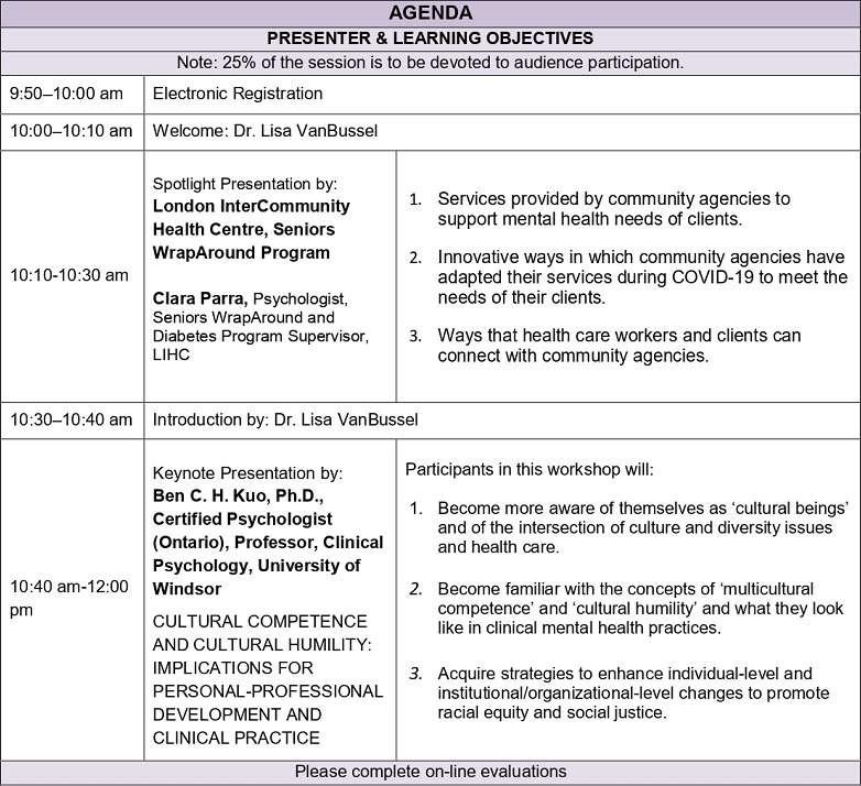 AGENDA PRESENTER & LEARNING OBJECTIVES Note: 25% of the session is to be devoted to audience participation. 9:50–10:00 am Electronic Registration  10:00–10:10 am Welcome: Dr. Lisa VanBussel  10:10-10:30 am  Spotlight Presentation by: London InterCommunity Health Centre, Seniors WrapAround Program Clara Parra, Psychologist, Seniors WrapAround and Diabetes Program Supervisor, LIHC  1. Services provided by community agencies to support mental health needs of clients.  2. Innovative ways in which community agencies have adapted their services during COVID-19 to meet the needs of their clients.  3. Ways that health care workers and clients can connect with community agencies. 10:30–10:40 am Introduction by: Dr. Lisa VanBussel 10:40 am-12:00 pm  Keynote Presentation by: Ben C. H. Kuo, Ph.D., Certified Psychologist (Ontario), Professor, Clinical Psychology, University of Windsor CULTURAL COMPETENCE AND CULTURAL HUMILITY: IMPLICATIONS FOR PERSONAL-PROFESSIONAL DEVELOPMENT AND CLINICAL PRACTICE  Participants in this workshop will:   1. Become more aware of themselves as ‘cultural beings’ and of the intersection of culture and diversity issues and health care.  2. Become familiar with the concepts of ‘multicultural competence’ and ‘cultural humility’ and what they look like in clinical mental health practices.  3. Acquire strategies to enhance individual-level and institutional/organizational-level changes to promote racial equity and social justice.  Please complete on-line evaluations