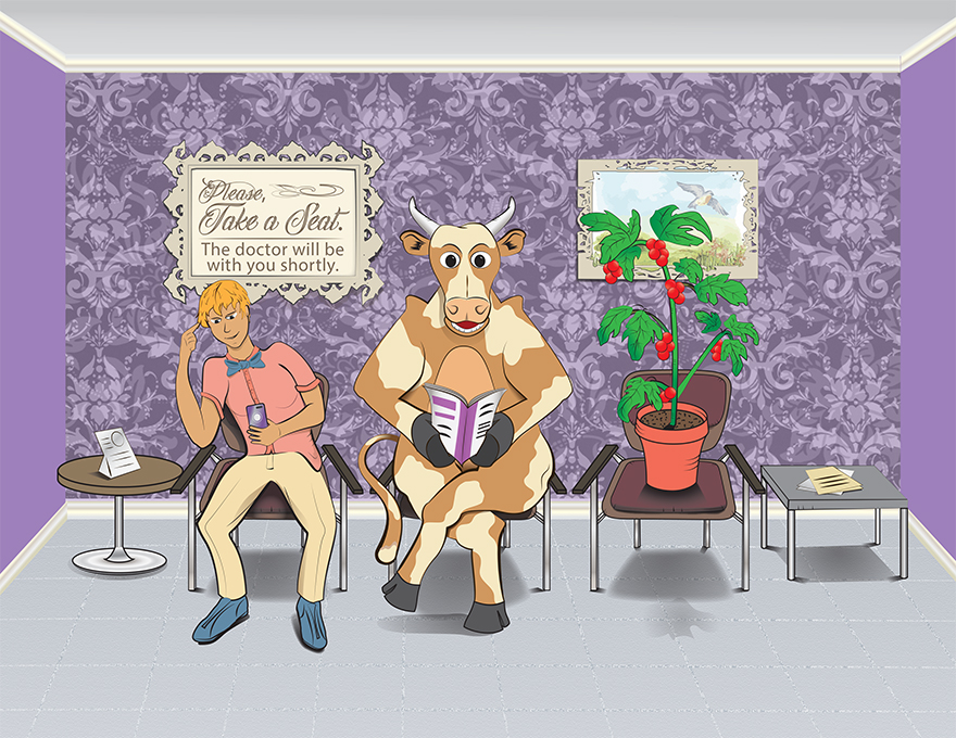 Illustration of a human, a cow and a plant sitting in the waiting room at the doctors office.