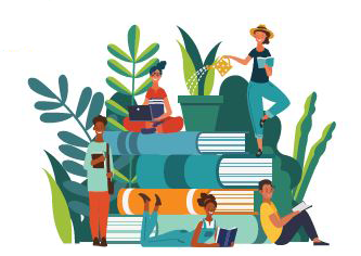 Illustration of five students sitting on books and watering plants