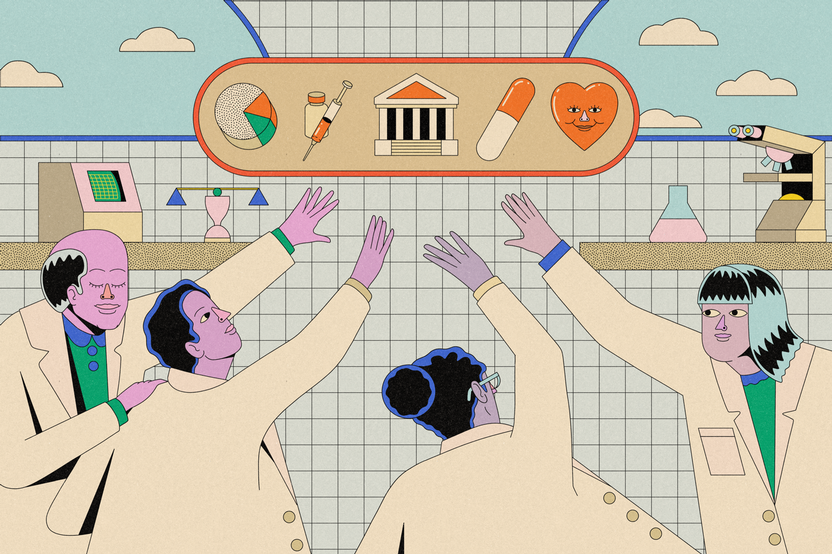 Illustration of a researcher surrounded by icons representing clinical trial participants, data, records and institutions