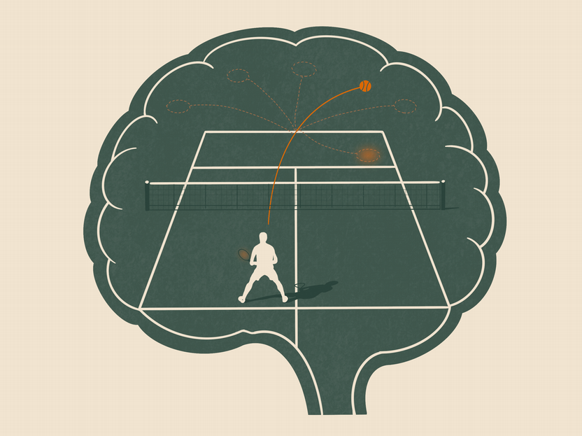 Illustration of a tennis player returning a serve inside a brain-shaped court, representing the brain's predictive motor circuits