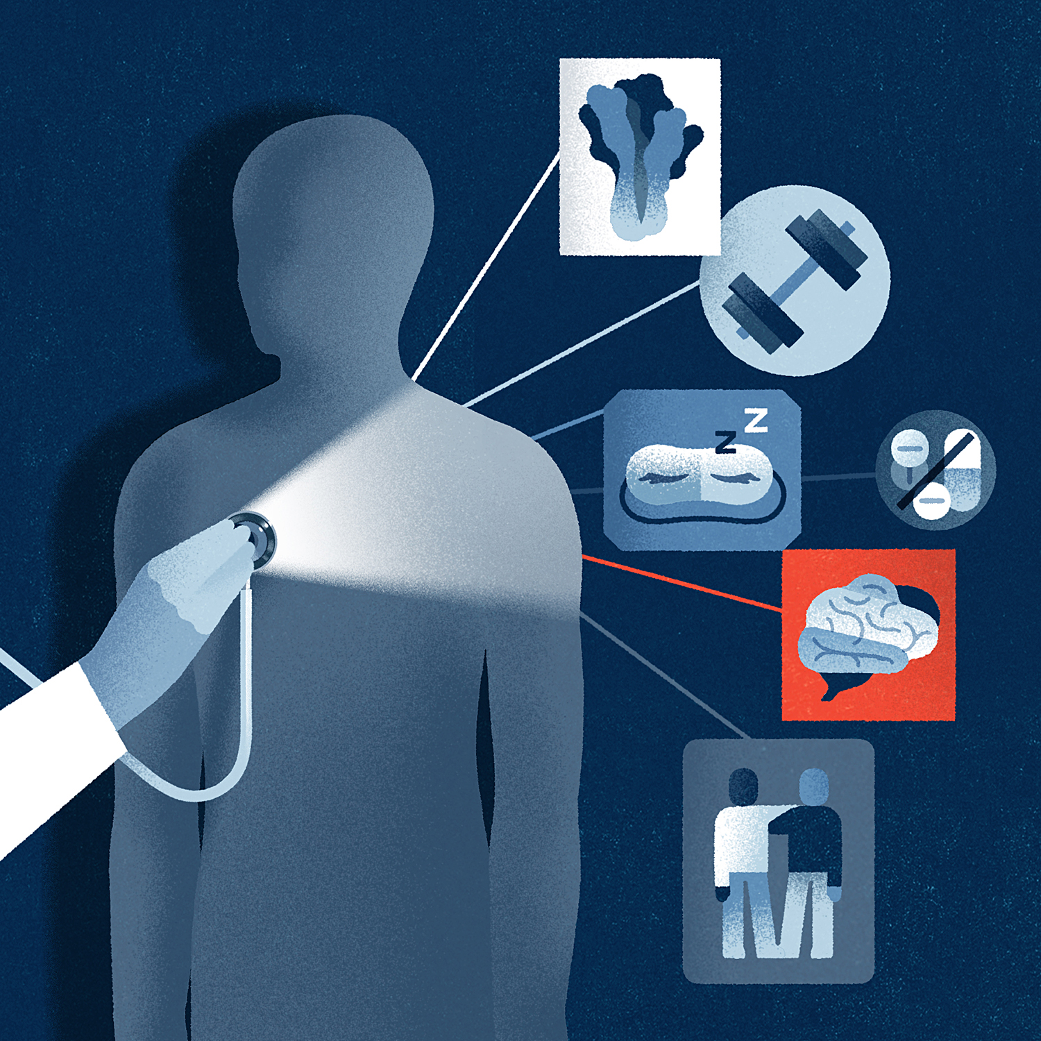 Icons representing the six pillars of lifestyle medicine: nutrition, physical activity, sleep, stress management, social connection and avoidance of risky substances